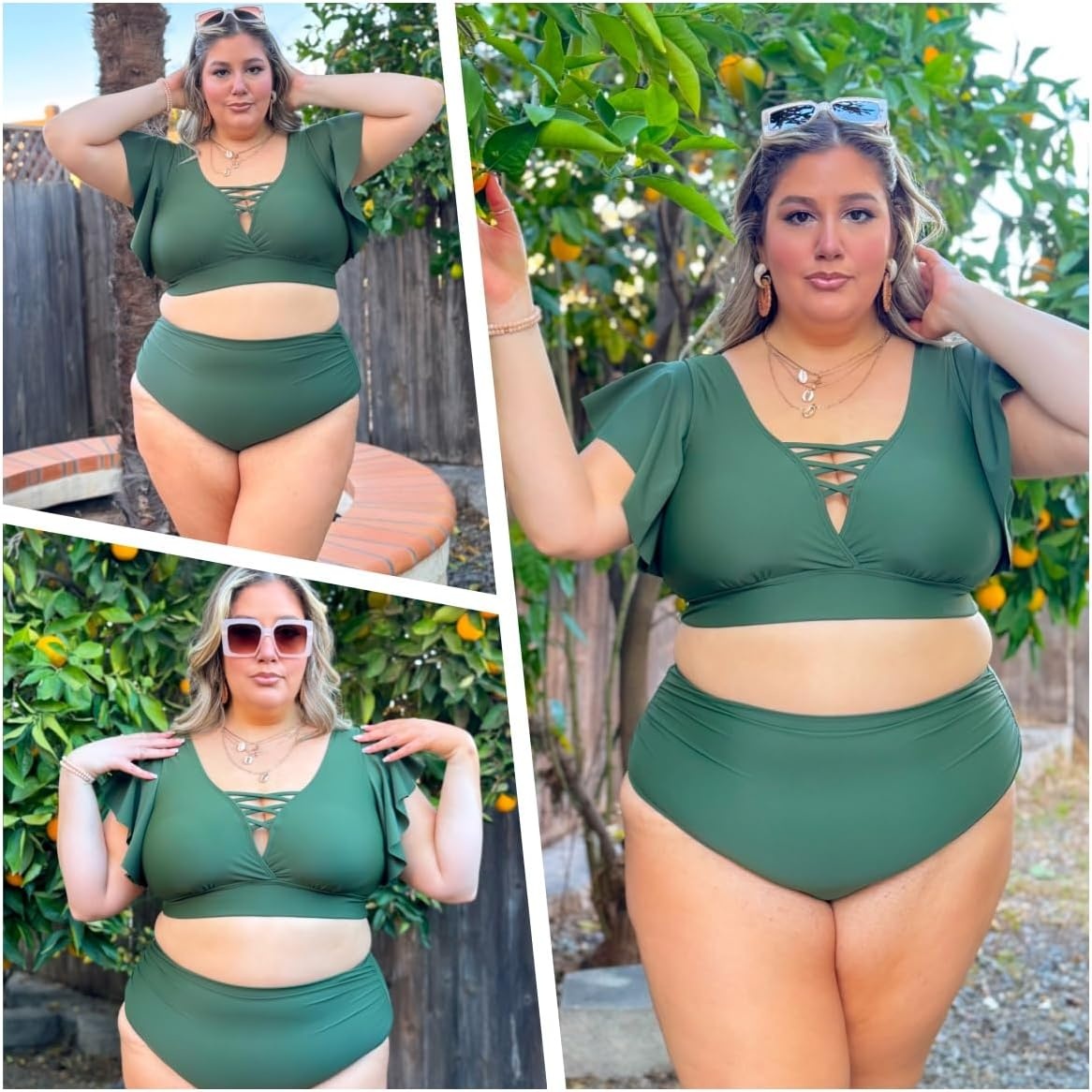 Plus Size Bikini Two Piece Swimsuit – Women High Waisted Tummy Control Bathing Suit with Sleeve Swimwear 2025(Army Green)