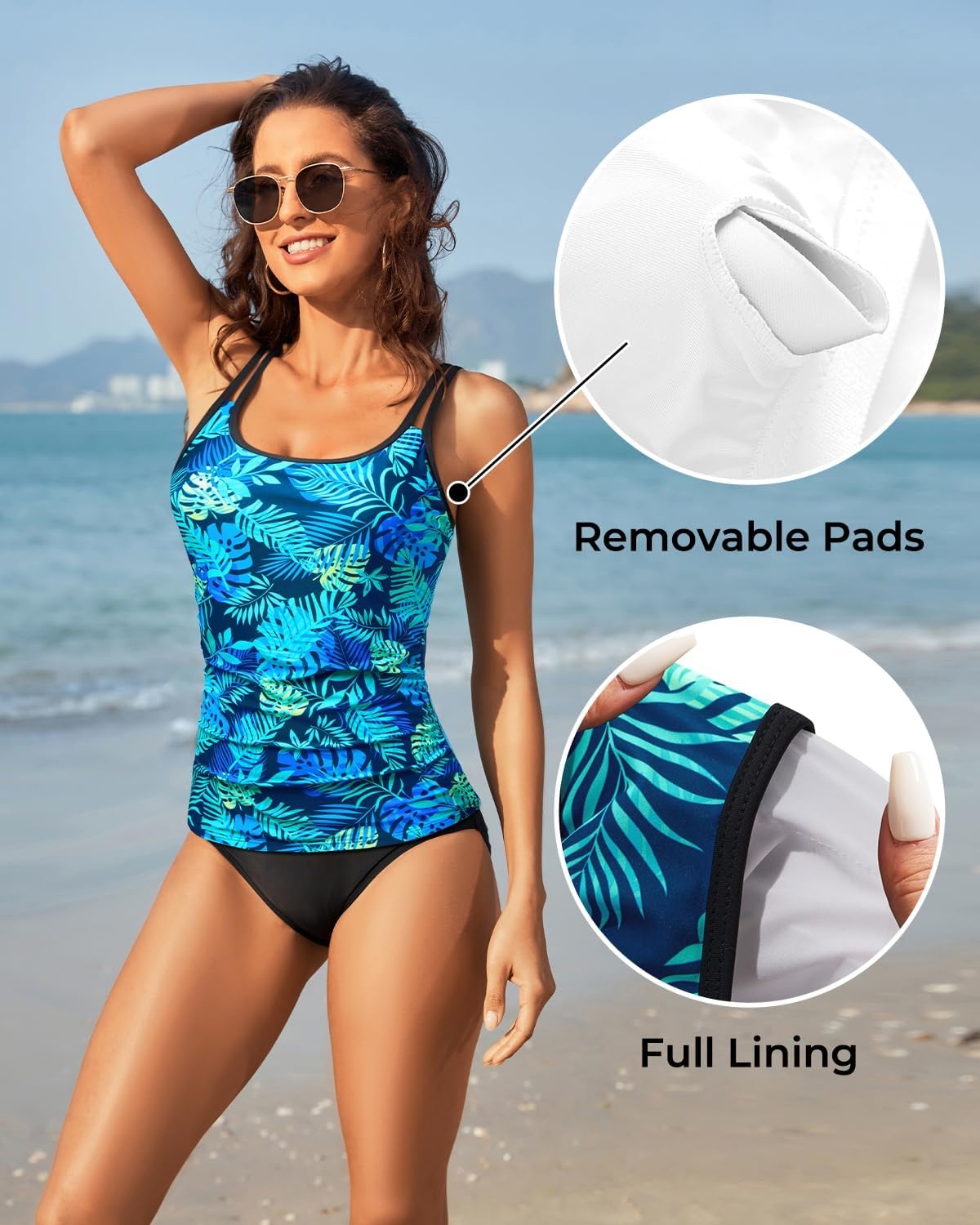 Women Tankini Swim Top Only – Tummy Control Swimsuit Bathing Suit Top (Available in Plus)(Blue Leaves)