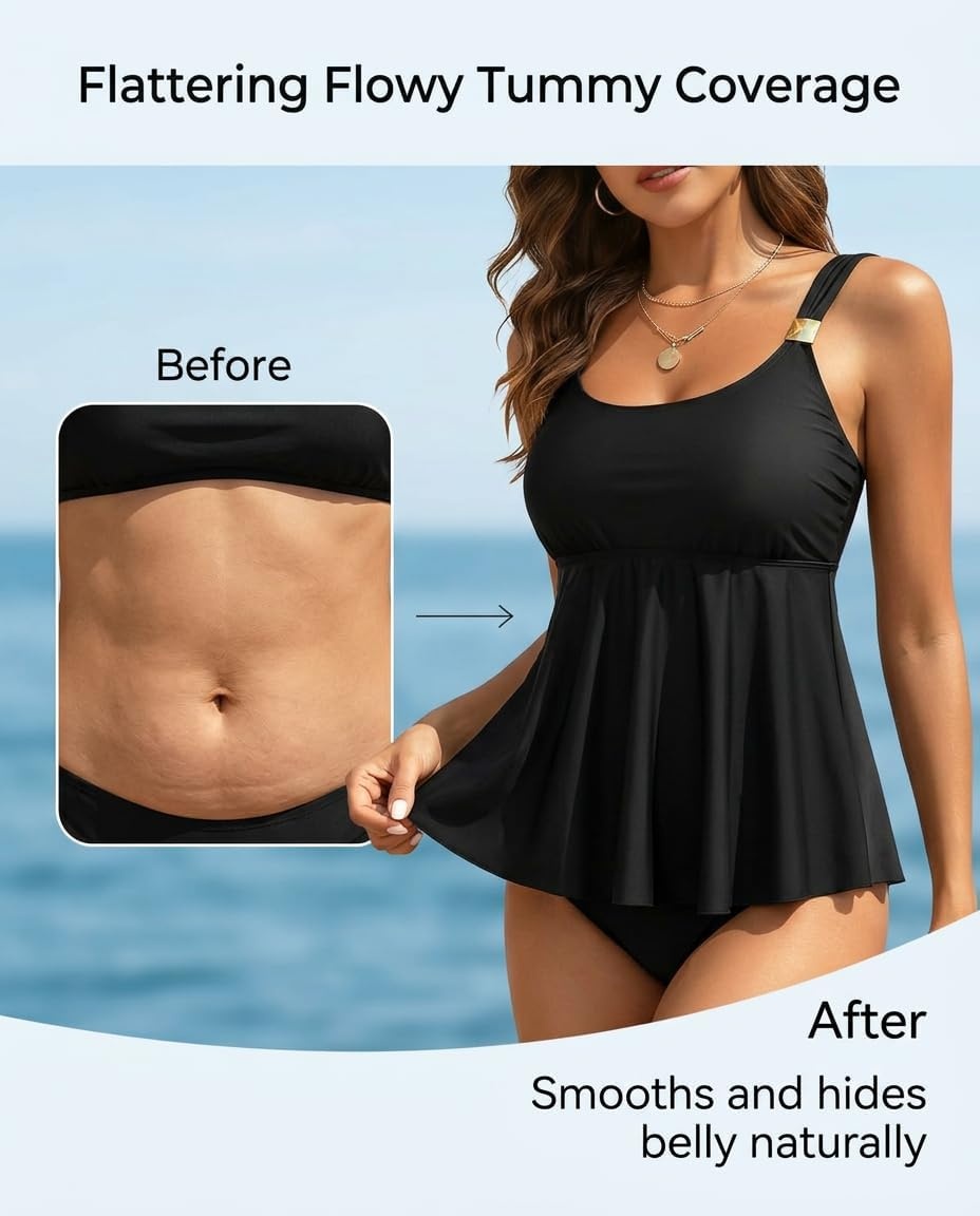 Flowy Tankini Top Only – Women’s Modest Bathing Suit Top Loose Fit Swimsuit No Bottom 2025(Black)