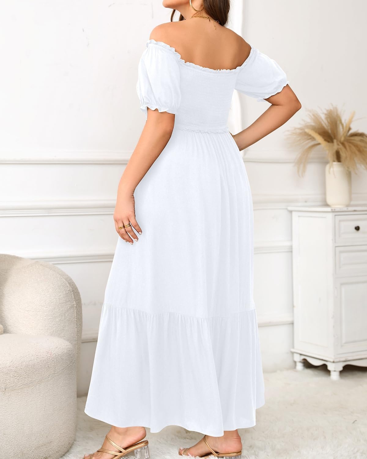 Plus Size Summer Dresses Off the Shoulder Boho Maxi A Line Long Dress Women(White)