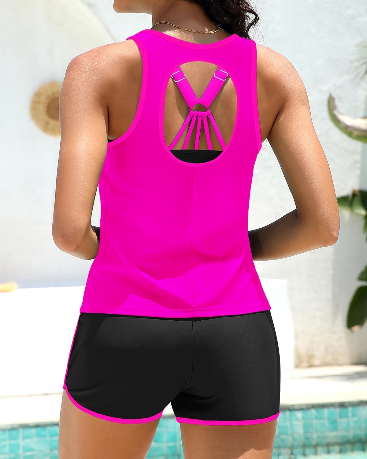 Talisea 3 Piece Tankini with Shorts – Modest Swimsuit Tummy Control Bathing Suits Athletic Sports Swimwear with Pockets(Hot Pink and Black)