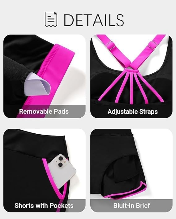 Talisea 3 Piece Tankini with Shorts – Modest Swimsuit Tummy Control Bathing Suits Athletic Sports Swimwear with Pockets(Hot Pink and Black)