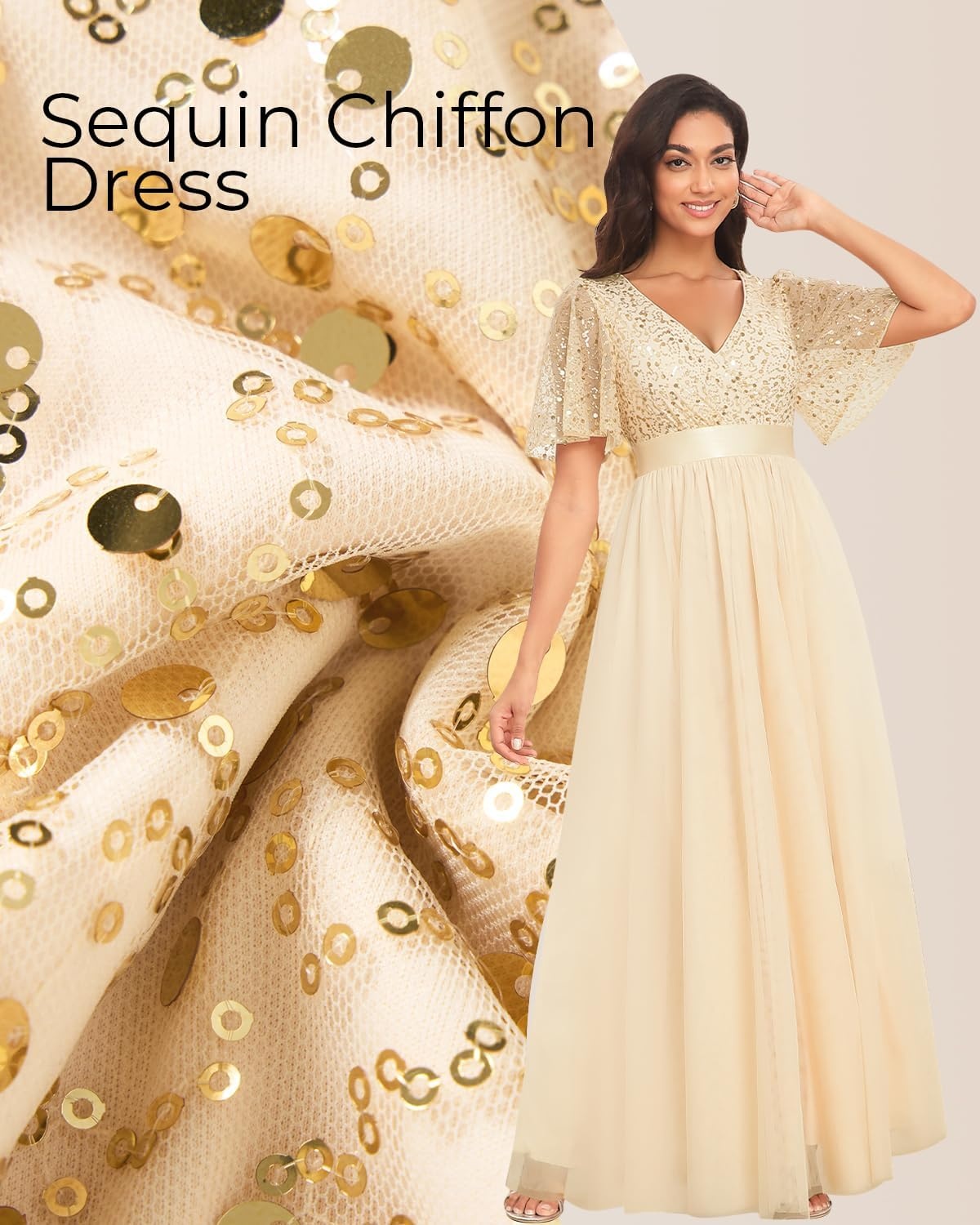 Formal Dresses Sequin Tulle V Neck A Line Long Dress Prom Evening Gown | Women Formal Long Dresses Sequin Short Sleeve Prom Evening Ball Gown Elegant Mother of the Bride A Line Dress(Gold)