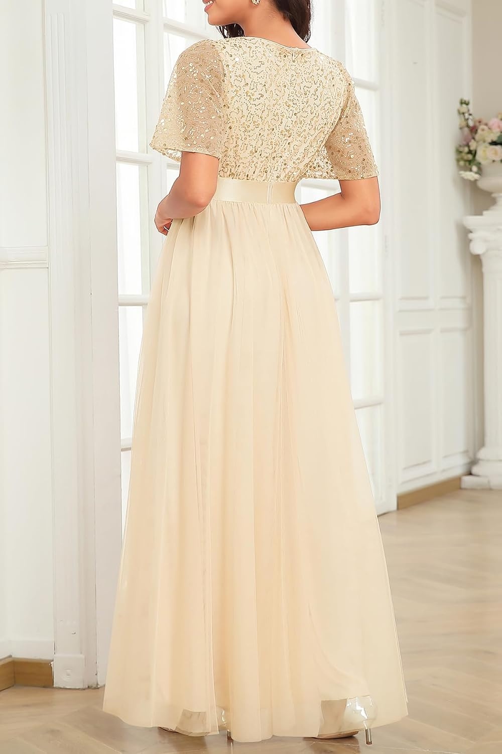 Formal Dresses Sequin Tulle V Neck A Line Long Dress Prom Evening Gown | Women Formal Long Dresses Sequin Short Sleeve Prom Evening Ball Gown Elegant Mother of the Bride A Line Dress(Gold)