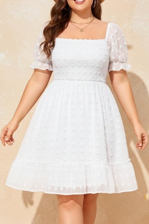 Plus Size Square Neck Puff Sleeve Swiss Dot Graduation Dress(White)