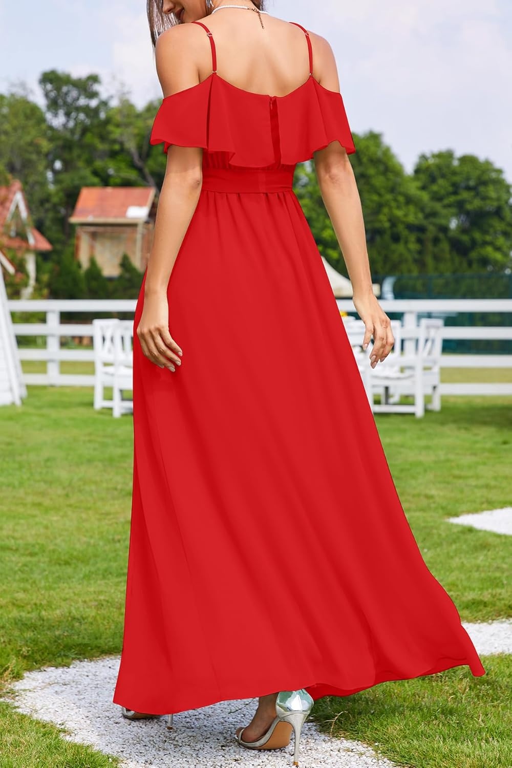 Red Dresses for Women Formal Prom Wedding Guest Bridesmaid Gown Off the Shoulder Chiffon Flowy Split A-Line Long Dress
