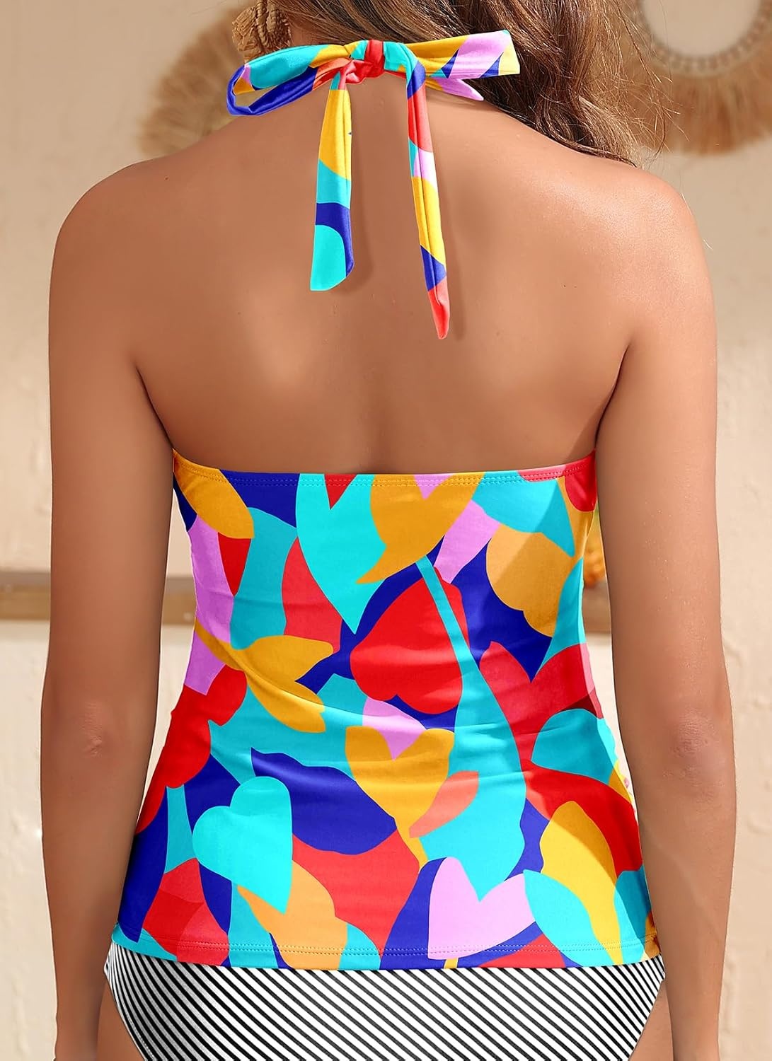 Womens Halter Tankini Tops Only – V Neck Tummy Control Swim Top Lace Up Bathing Suit Ruched Top Only No Bottom 2025(Color Block)