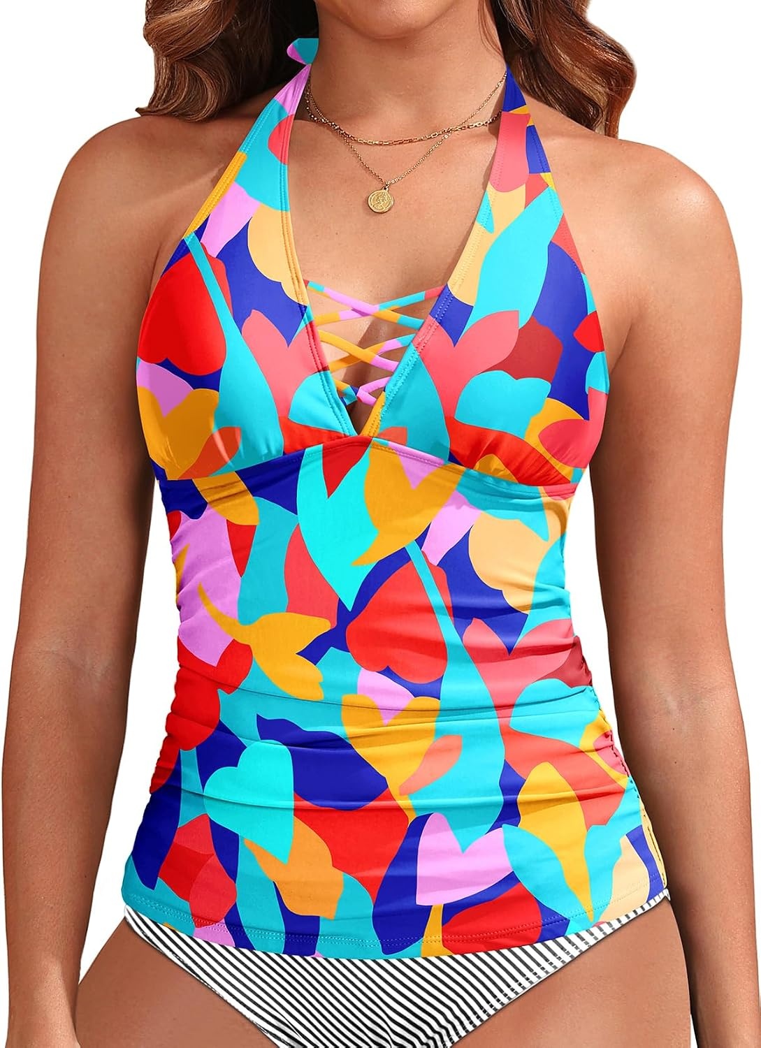 Womens Halter Tankini Tops Only – V Neck Tummy Control Swim Top Lace Up Bathing Suit Ruched Top Only No Bottom 2025(Color Block)