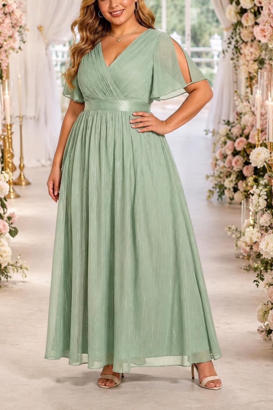 Talisea Plus Size Bridesmaid Dresses Chiffon Sage Green Wedding Guest Cocktail Short Sleeve V Neck A-Line Floor Length Dress