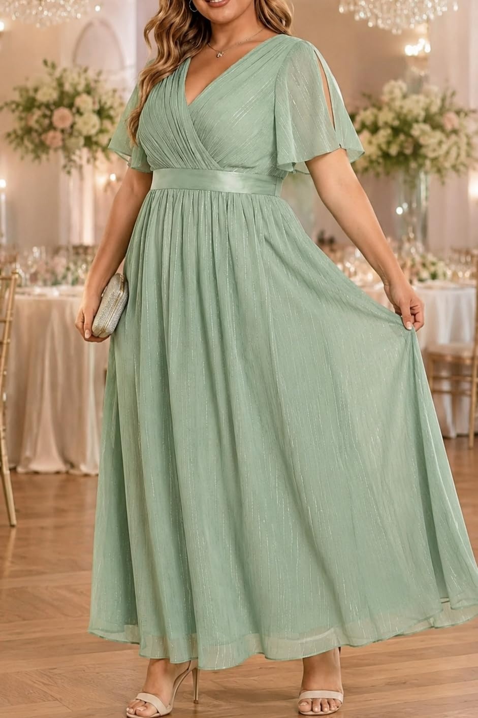 Talisea Plus Size Bridesmaid Dresses Chiffon Sage Green Wedding Guest Cocktail Short Sleeve V Neck A-Line Floor Length Dress