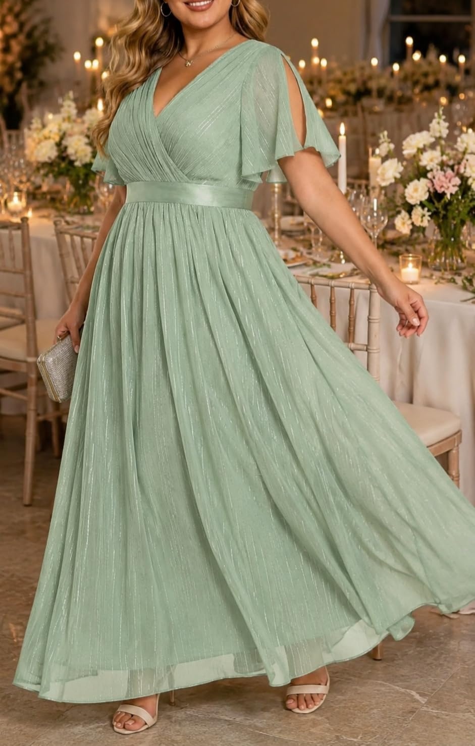 Talisea Plus Size Bridesmaid Dresses Chiffon Sage Green Wedding Guest Cocktail Short Sleeve V Neck A-Line Floor Length Dress