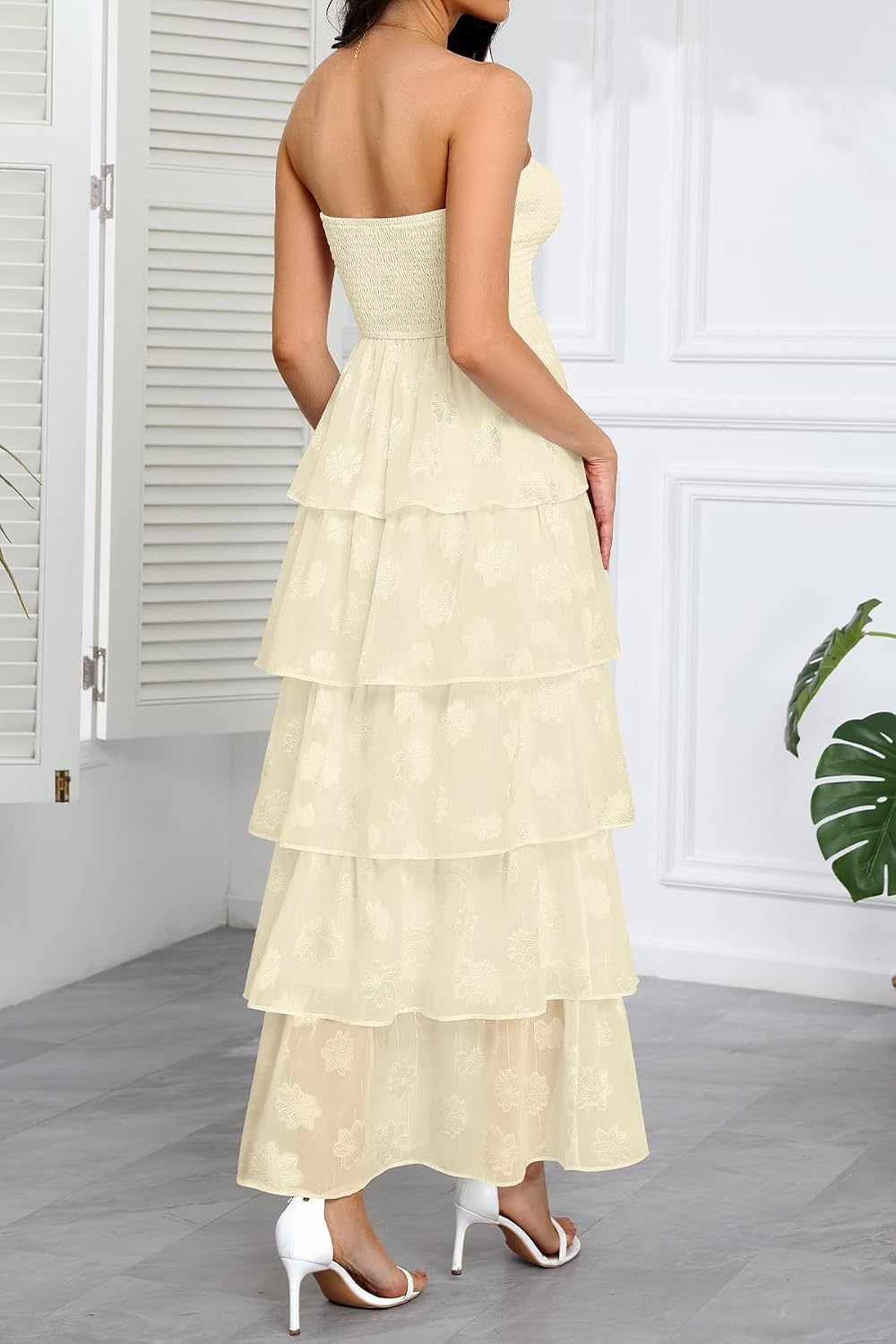 Talisea Wedding Guest Dress Jacquard Strapless Smocked Tiered Maxi Dress(Beige)