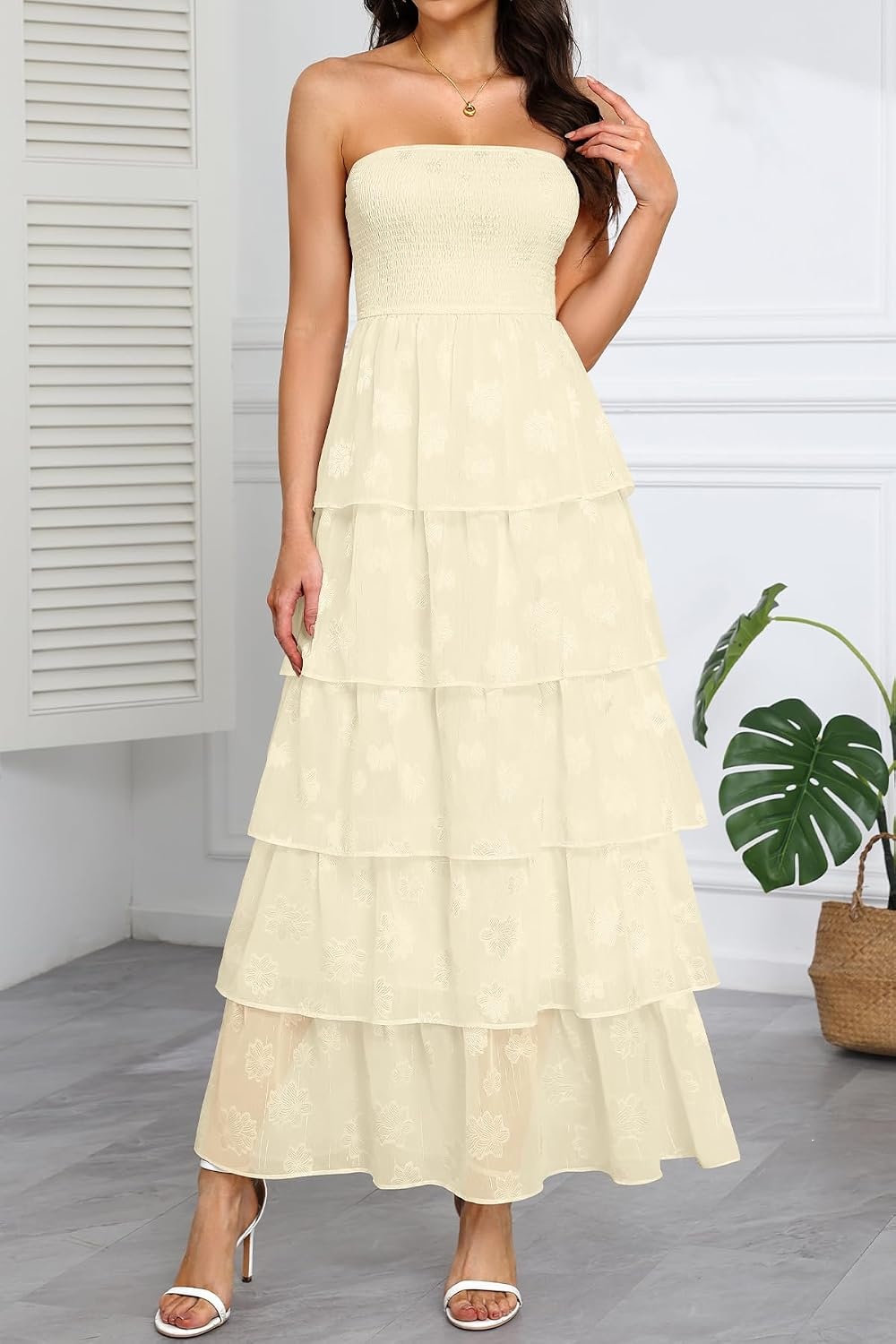 Talisea Wedding Guest Dress Jacquard Strapless Smocked Tiered Maxi Dress(Beige)
