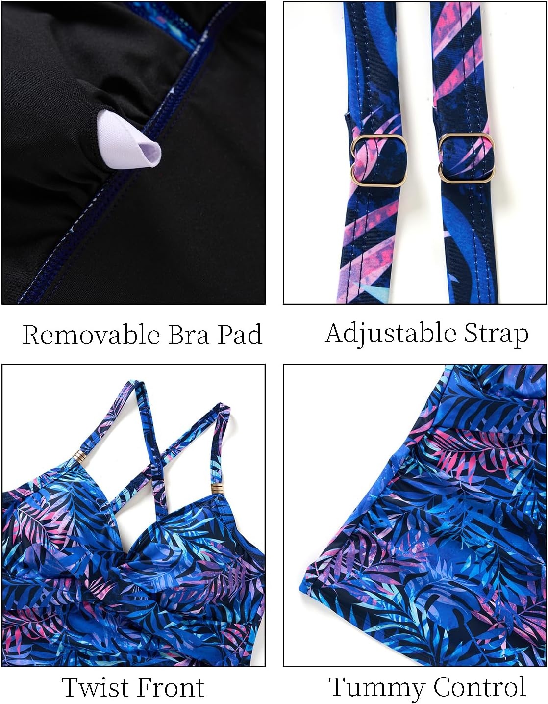 Women’s Tankini Swimsuits – Two Piece Swimsuit Tummy Control Bathing Suit 2025 Twist V Neck Swimwear(Blue Purple Leaves)