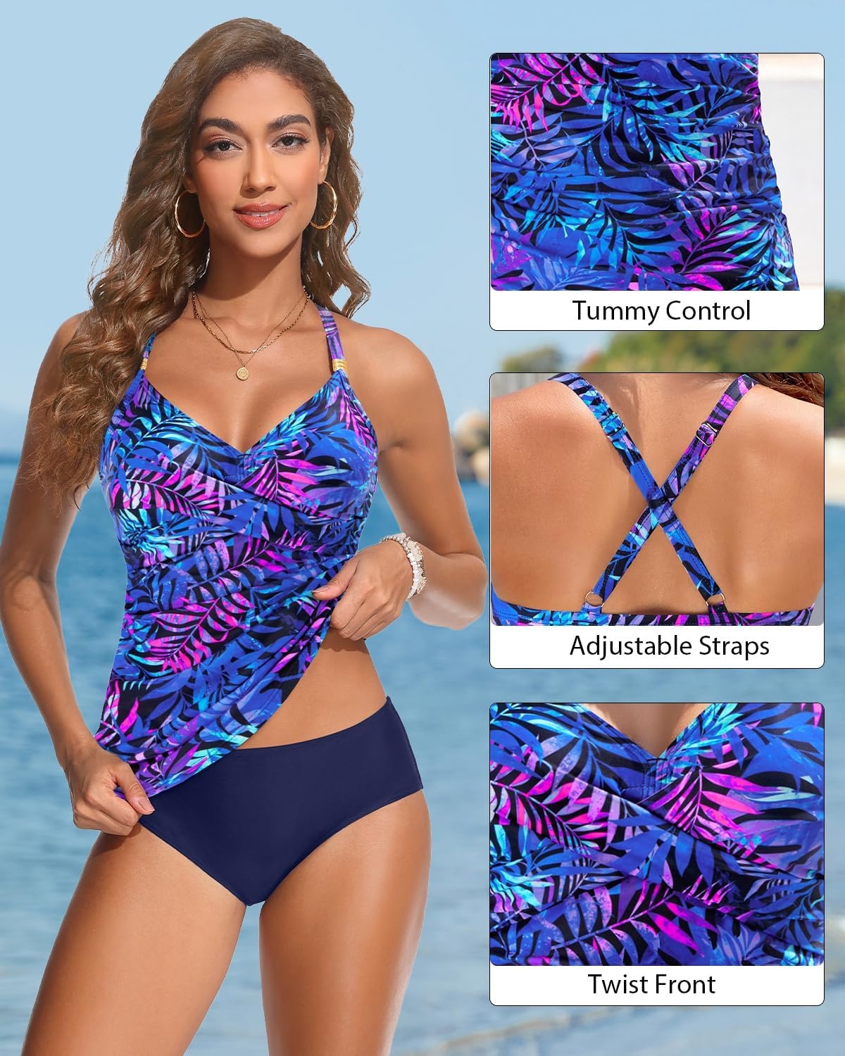 Women’s Tankini Swimsuits – Two Piece Swimsuit Tummy Control Bathing Suit 2025 Twist V Neck Swimwear(Blue Purple Leaves)