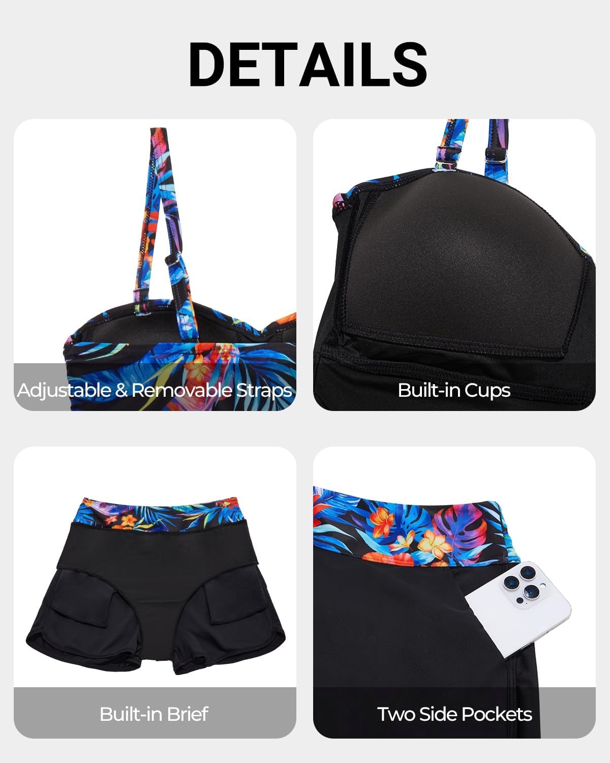 Women’s Tankini Swimsuits with Shorts – Two Piece Tummy Control Bathing Suit Twist Bandeau Swimwear with Pockets 2025(Colorful Floral)