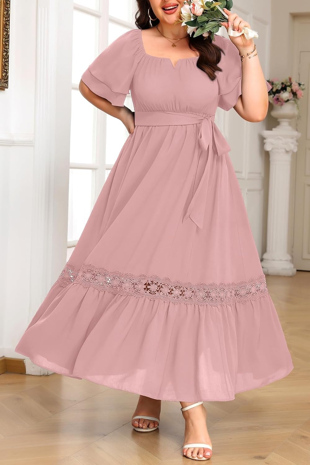Talisea Plus Size Wedding Guest Dress Square Neck Flutter Sleeve Maxi Dress(Pink)