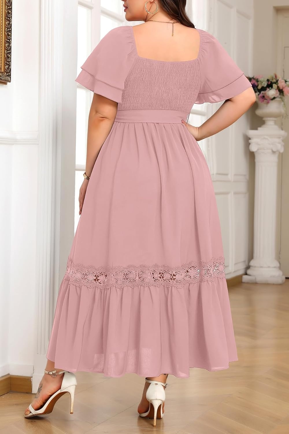 Talisea Plus Size Wedding Guest Dress Square Neck Flutter Sleeve Maxi Dress(Pink)