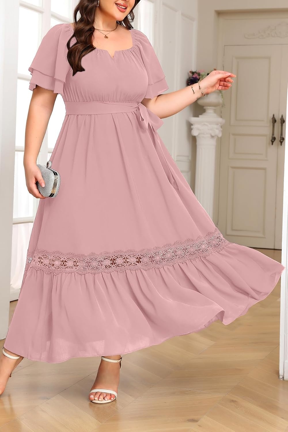 Talisea Plus Size Wedding Guest Dress Square Neck Flutter Sleeve Maxi Dress(Pink)