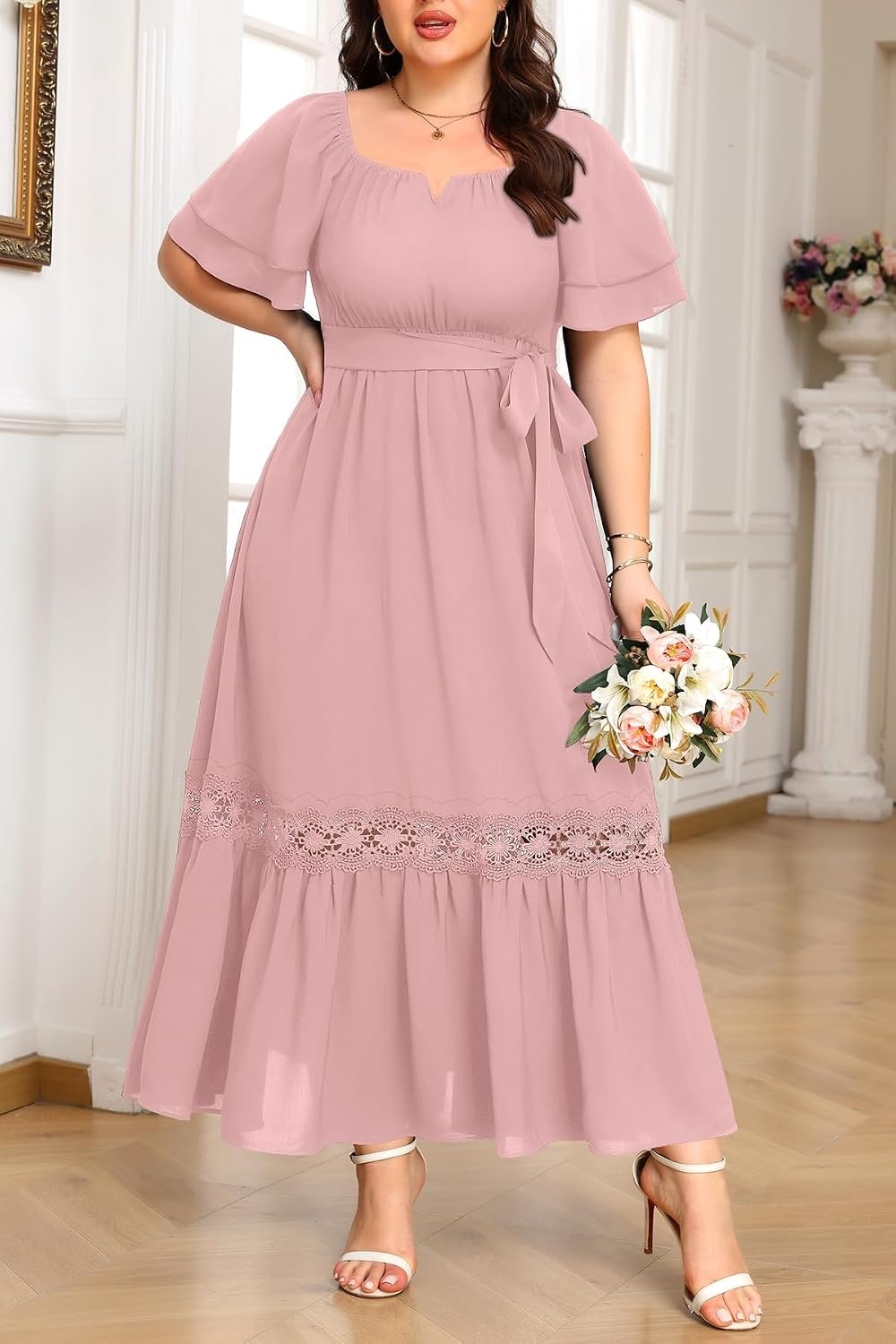 Talisea Plus Size Wedding Guest Dress Square Neck Flutter Sleeve Maxi Dress(Pink)