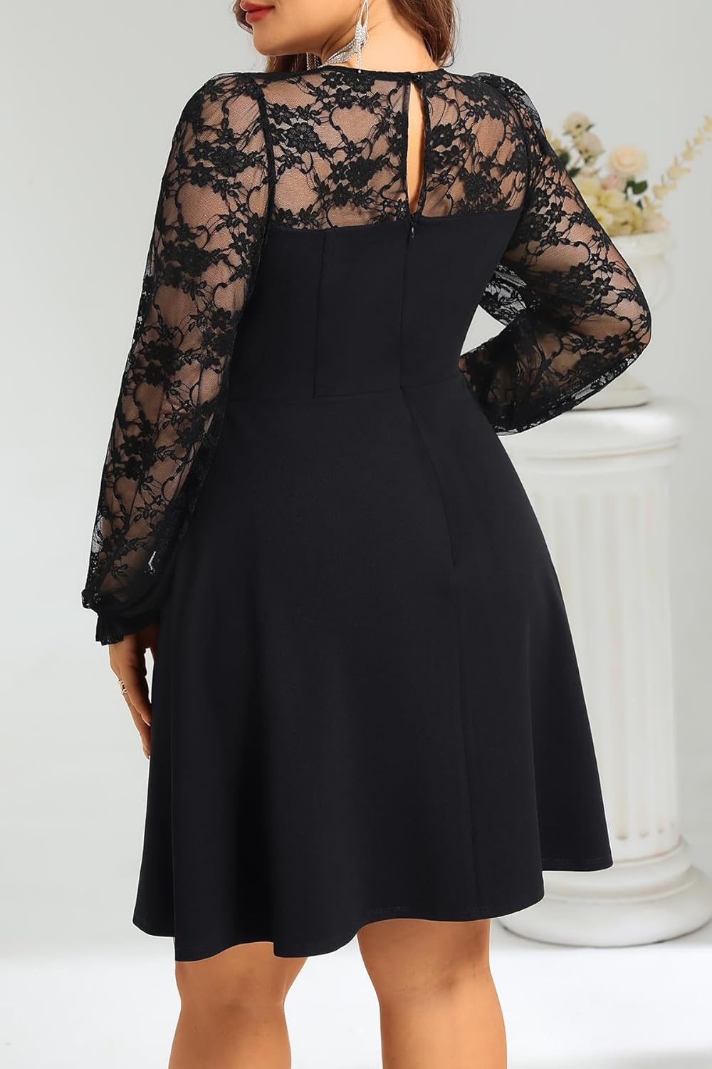 Plus Size Cocktail Dress – Lace Wedding Guest Party Crew Neck Short A Line Dresses Women(Black Long Sleeve)