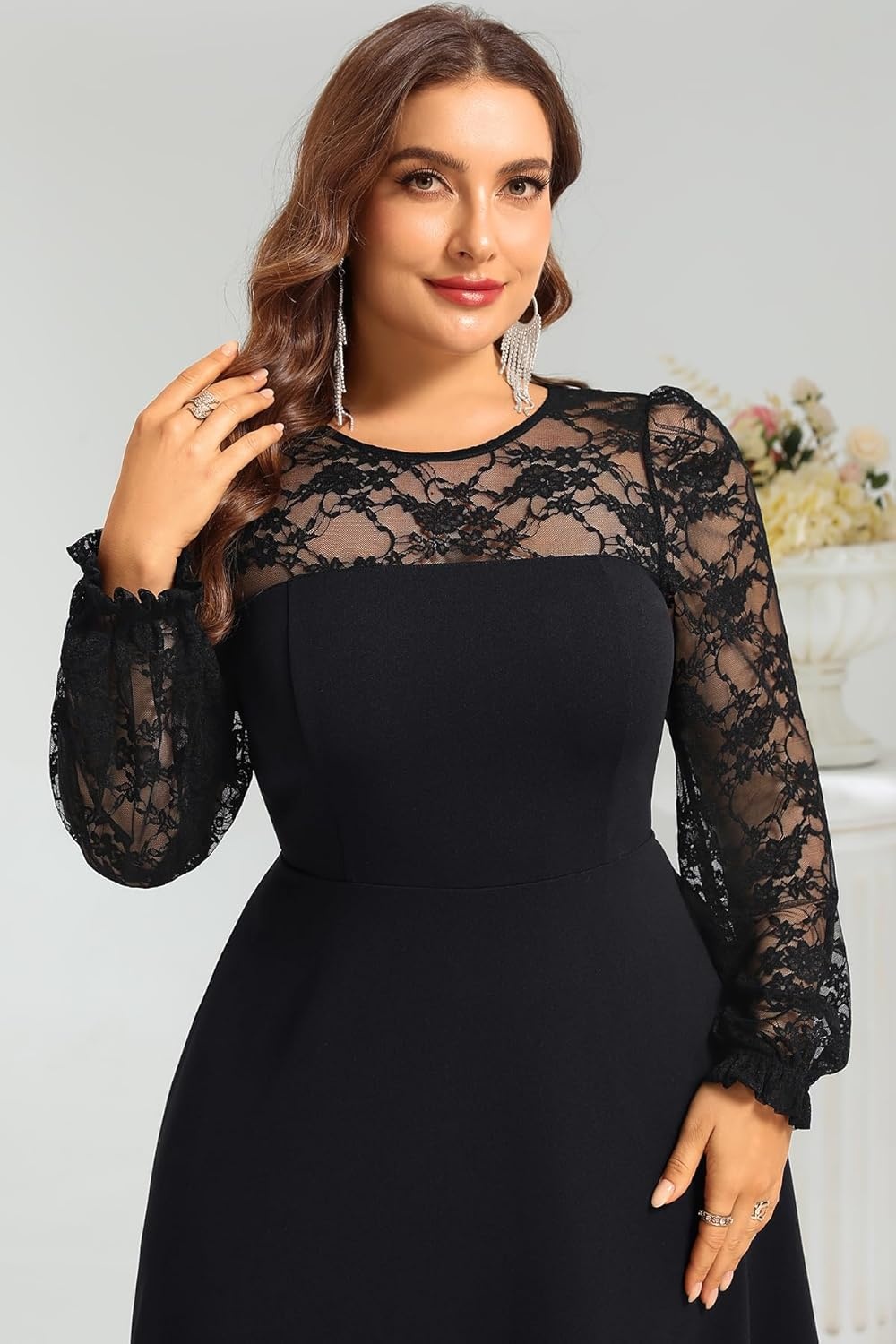 Plus Size Cocktail Dress – Lace Wedding Guest Party Crew Neck Short A Line Dresses Women(Black Long Sleeve)