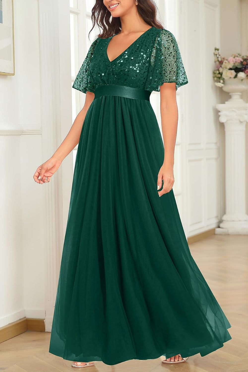 Formal Dresses Sequin Tulle V Neck A Line Long Dress Prom Evening Gown | Women Formal Long Dresses Sequin Short Sleeve Prom Evening Ball Gown Elegant Mother of the Bride A Line Dress(Dark Green)
