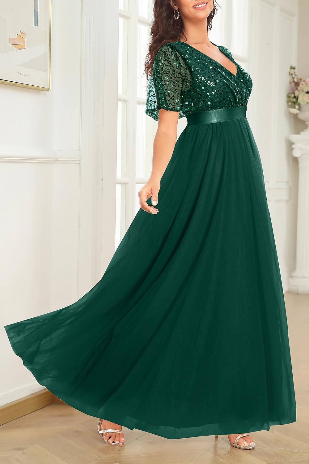 Formal Dresses Sequin Tulle V Neck A Line Long Dress Prom Evening Gown | Women Formal Long Dresses Sequin Short Sleeve Prom Evening Ball Gown Elegant Mother of the Bride A Line Dress(Dark Green)