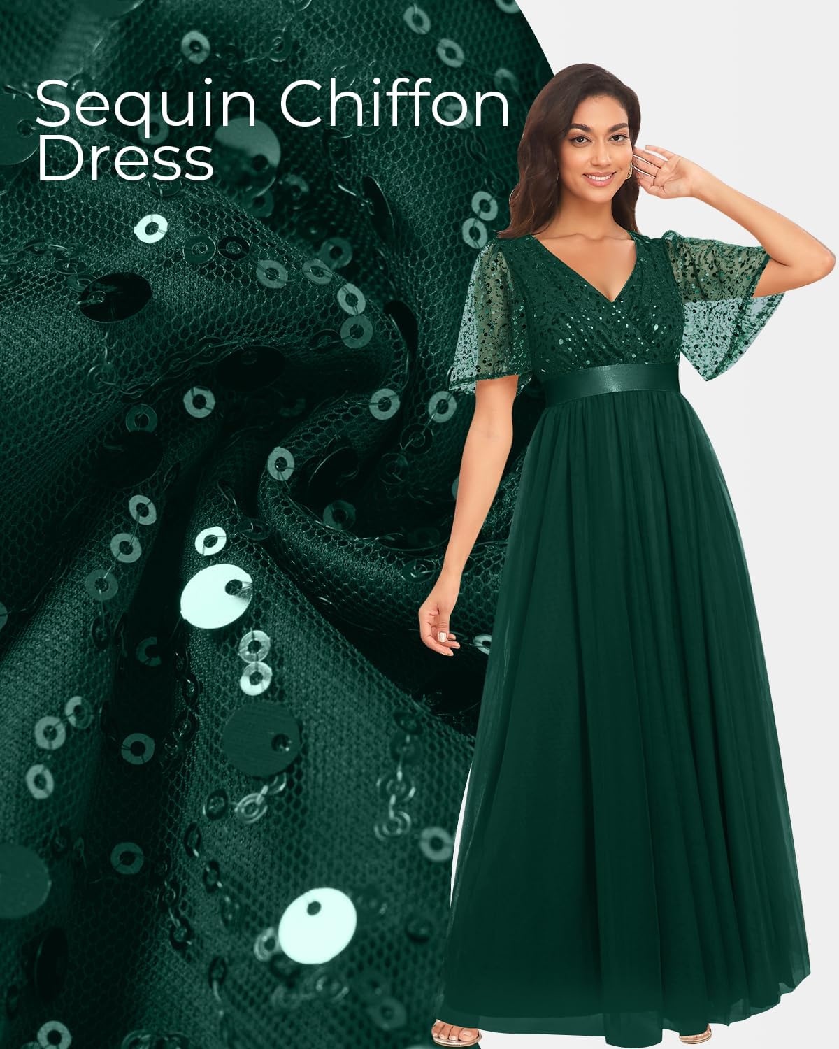 Formal Dresses Sequin Tulle V Neck A Line Long Dress Prom Evening Gown | Women Formal Long Dresses Sequin Short Sleeve Prom Evening Ball Gown Elegant Mother of the Bride A Line Dress(Dark Green)