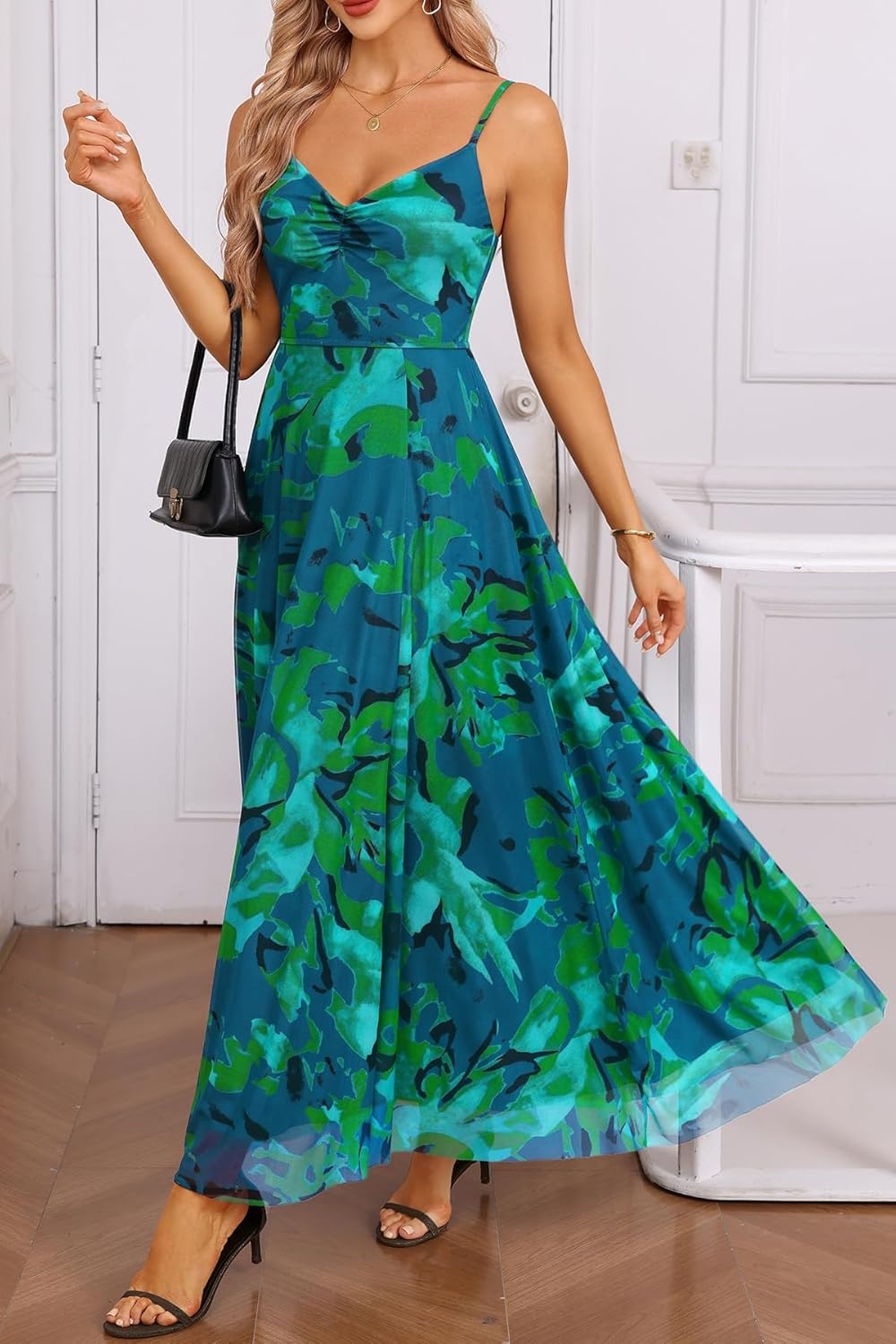 Talisea Summer Wedding Guest Dress Spaghetti Strap Formal Spring Cocktail Party Elegant A Line Long Maxi Dresses Slit Women(Floral Green)
