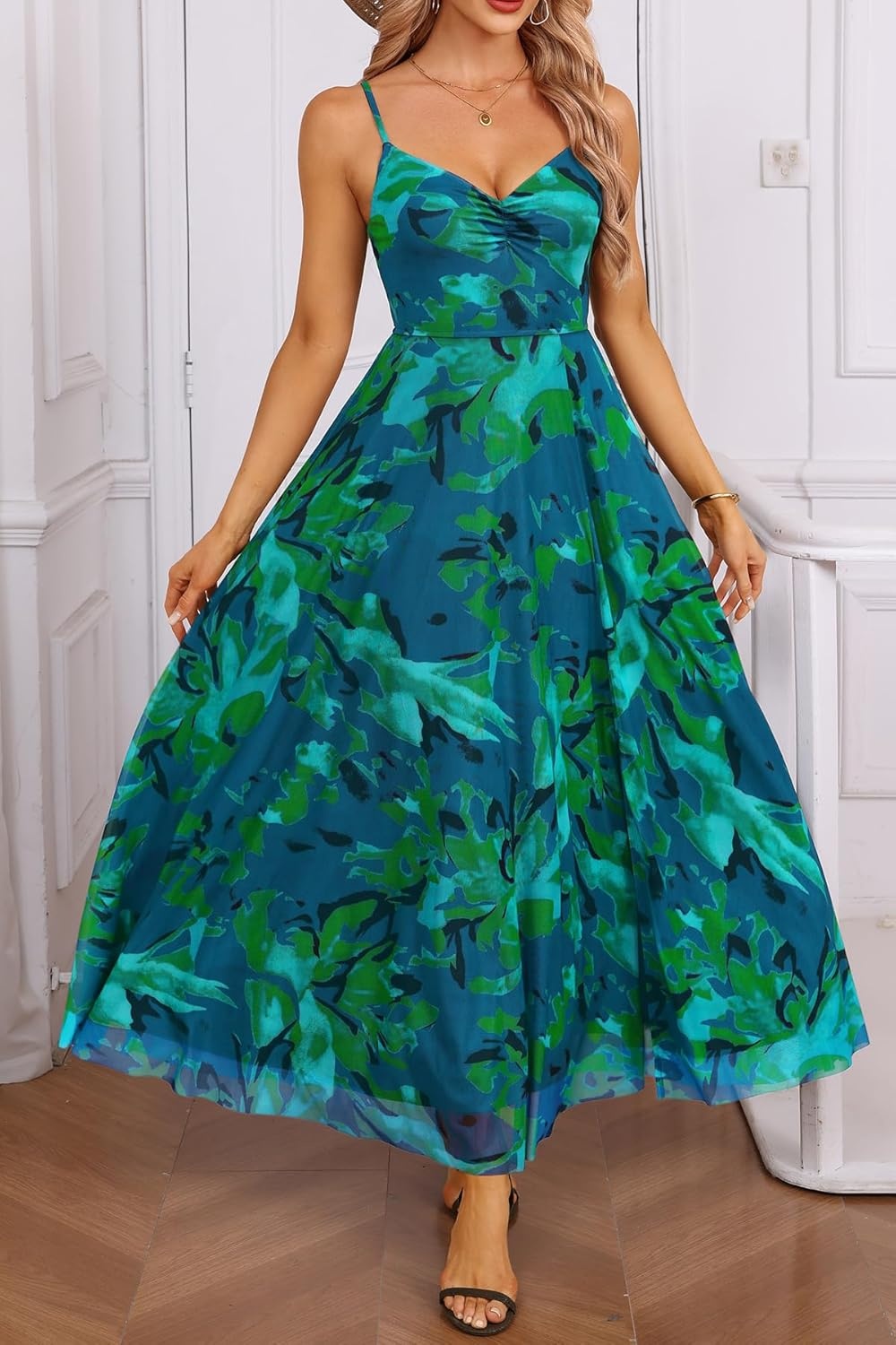 Talisea Summer Wedding Guest Dress Spaghetti Strap Formal Spring Cocktail Party Elegant A Line Long Maxi Dresses Slit Women(Floral Green)