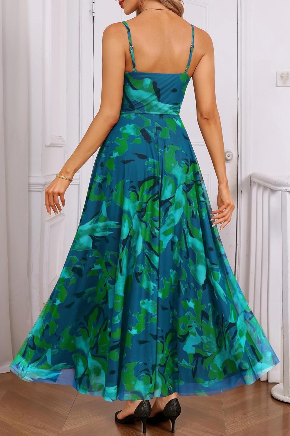 Talisea Summer Wedding Guest Dress Spaghetti Strap Formal Spring Cocktail Party Elegant A Line Long Maxi Dresses Slit Women(Floral Green)