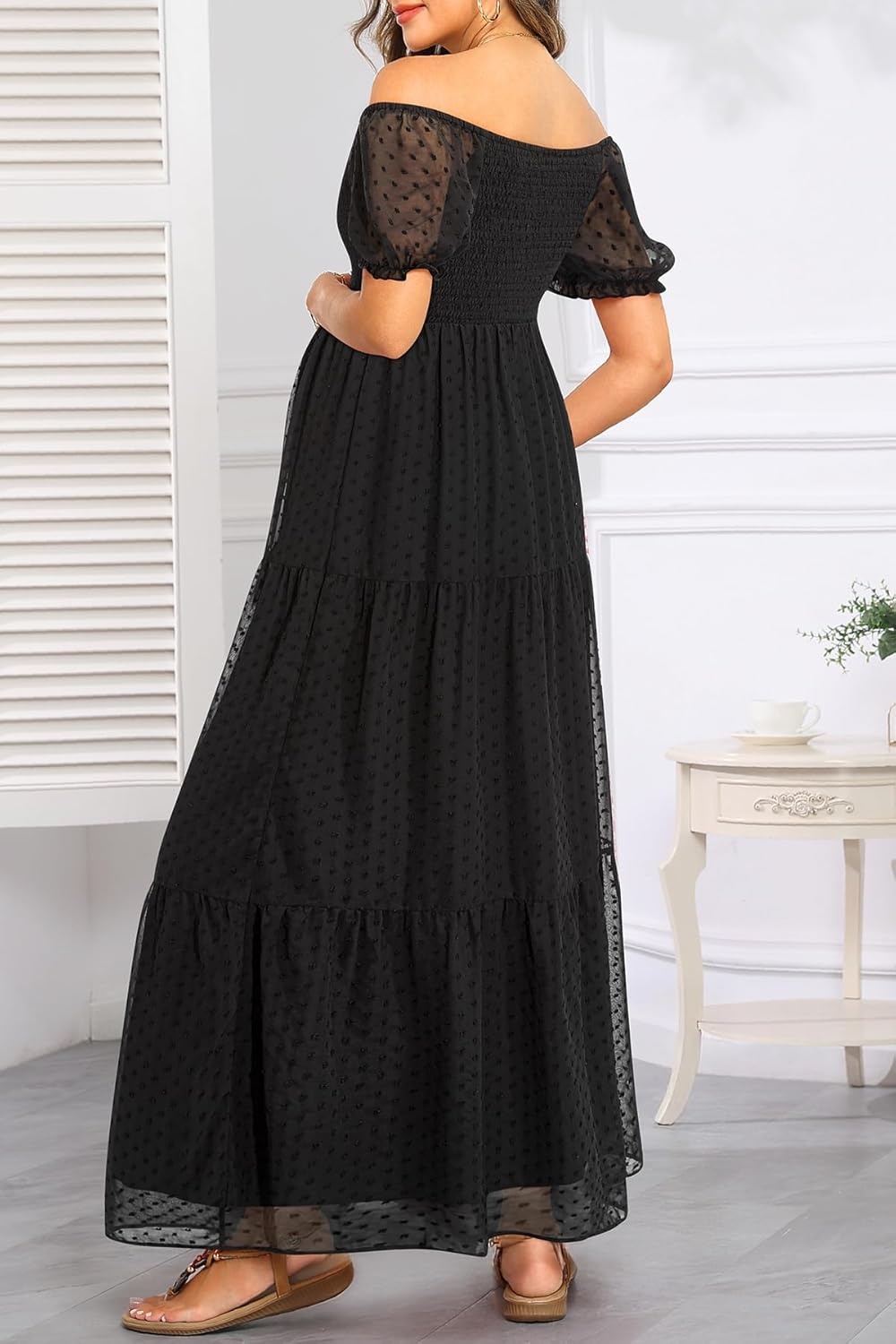 Off The Shoulder Maternity Dress for Baby Shower – Women’s Boho Swiss Dot Smocked Puff Sleeve Maxi Dress(Black)