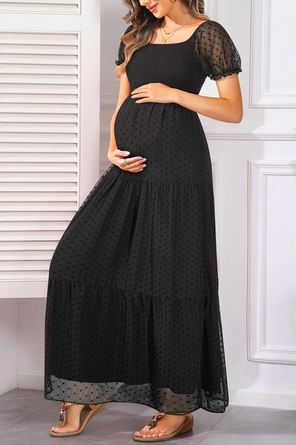 Off The Shoulder Maternity Dress for Baby Shower – Women’s Boho Swiss Dot Smocked Puff Sleeve Maxi Dress(Black)