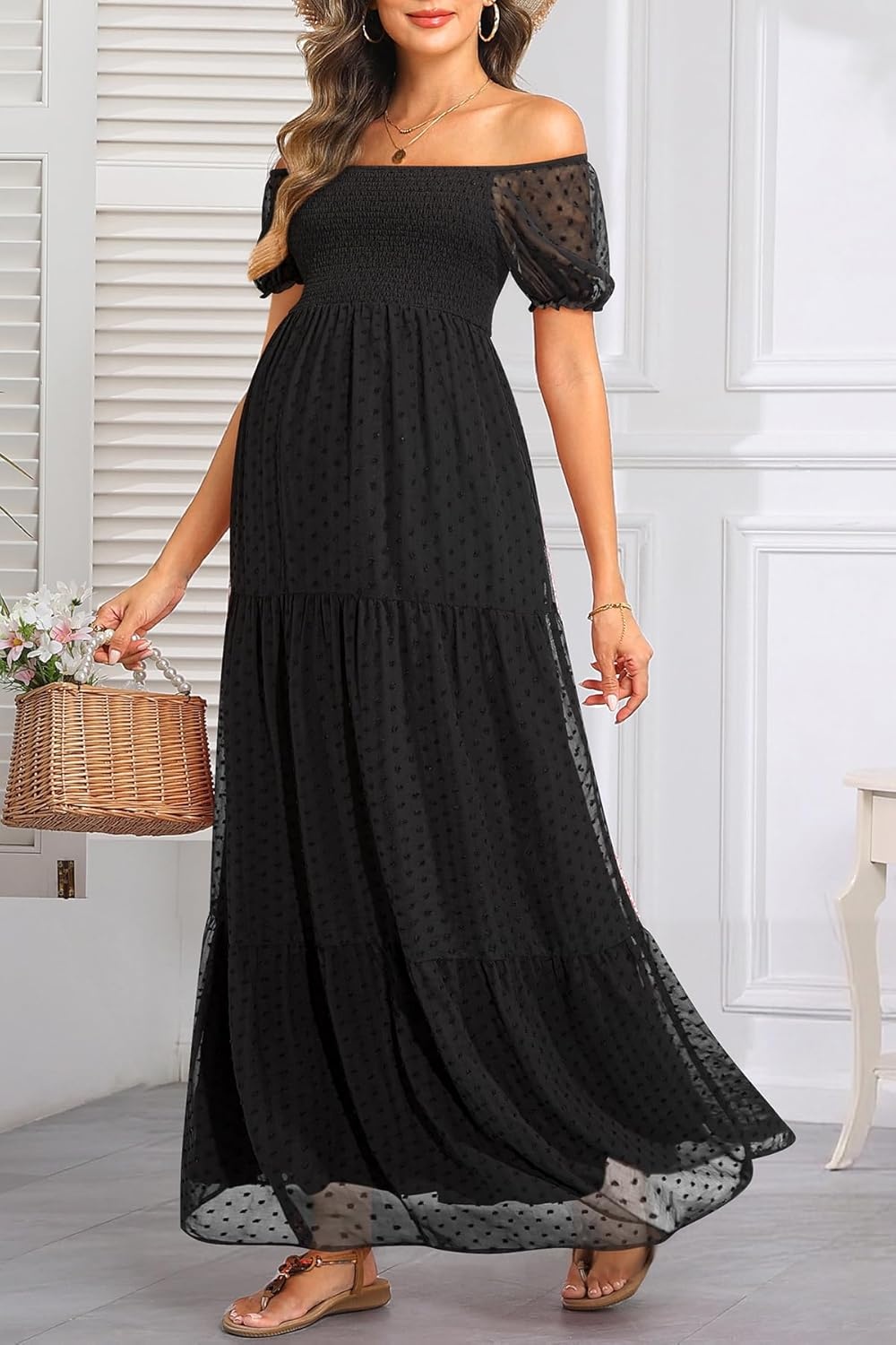 Off The Shoulder Maternity Dress for Baby Shower – Women’s Boho Swiss Dot Smocked Puff Sleeve Maxi Dress(Black)