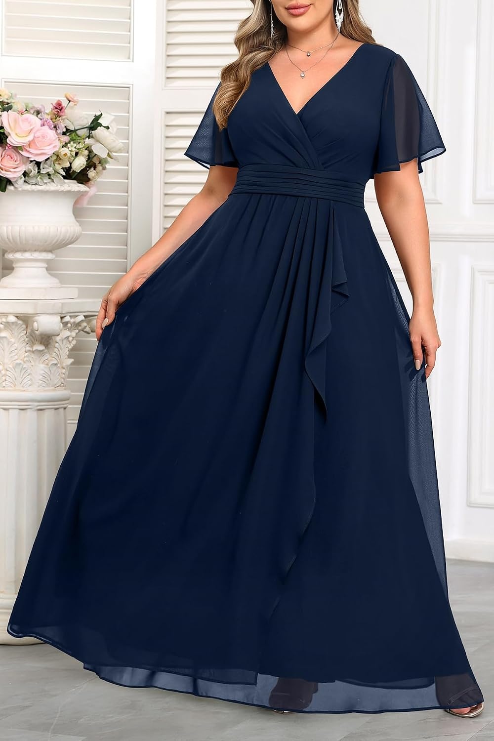 Plus Size Formal Dress Wedding Guest Chiffon V Neck Ruffle Long Dress Women(Navy Blue)