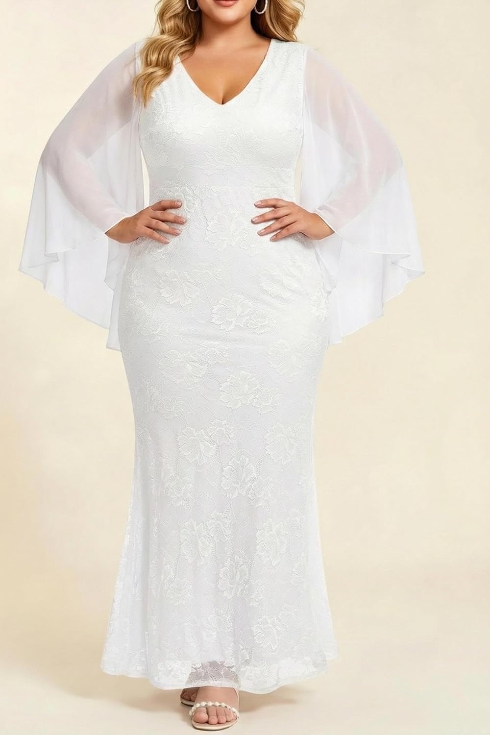 Plus Size V Neck Chiffon Cape Ruffle Sleeve Mermaid Formal Dress | V neck / chiffon capelet / ruffle sleeves / lace bodice / mermaid maxi / formal evening gown / curve flattering fit(White)