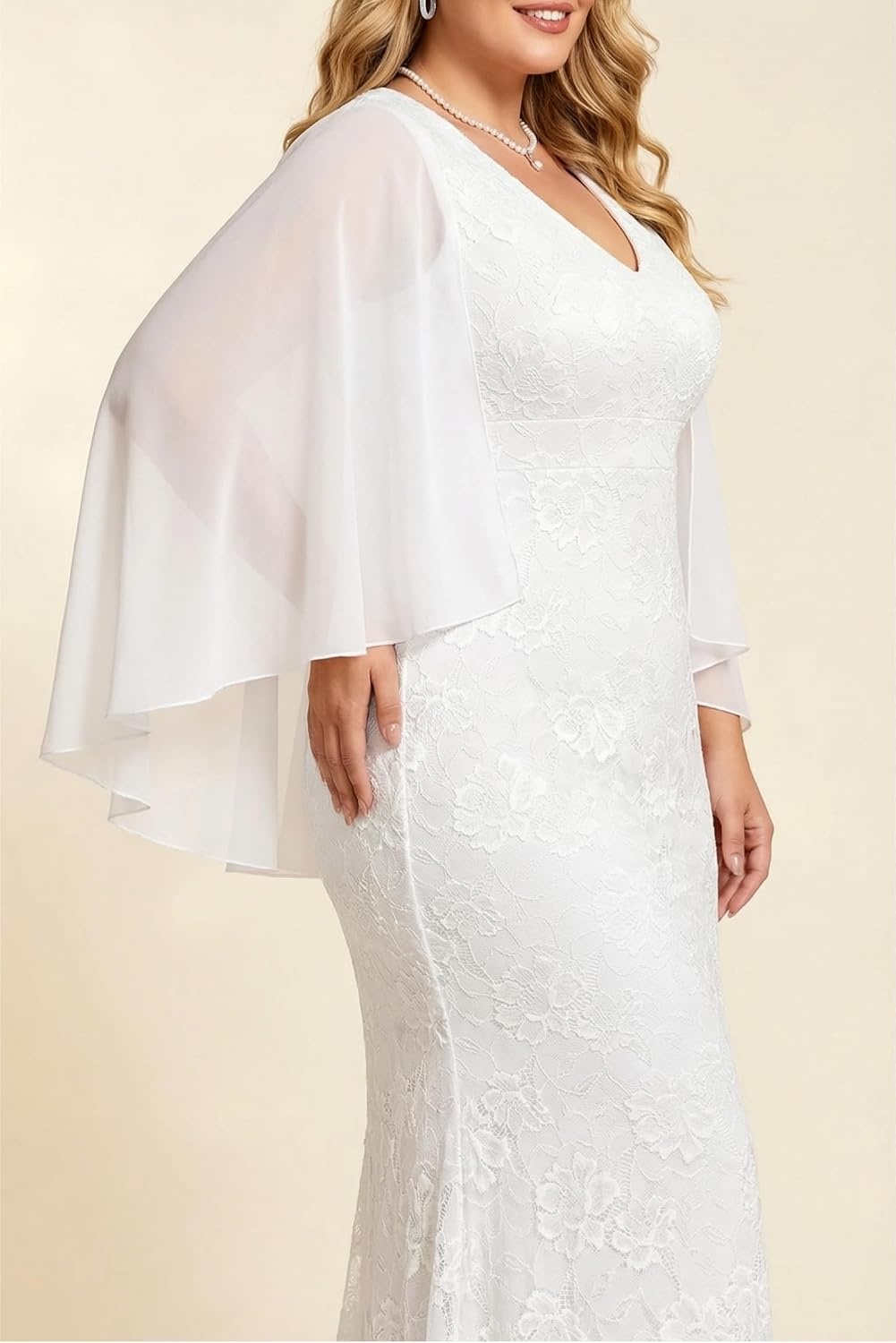 Plus Size V Neck Chiffon Cape Ruffle Sleeve Mermaid Formal Dress | V neck / chiffon capelet / ruffle sleeves / lace bodice / mermaid maxi / formal evening gown / curve flattering fit(White)