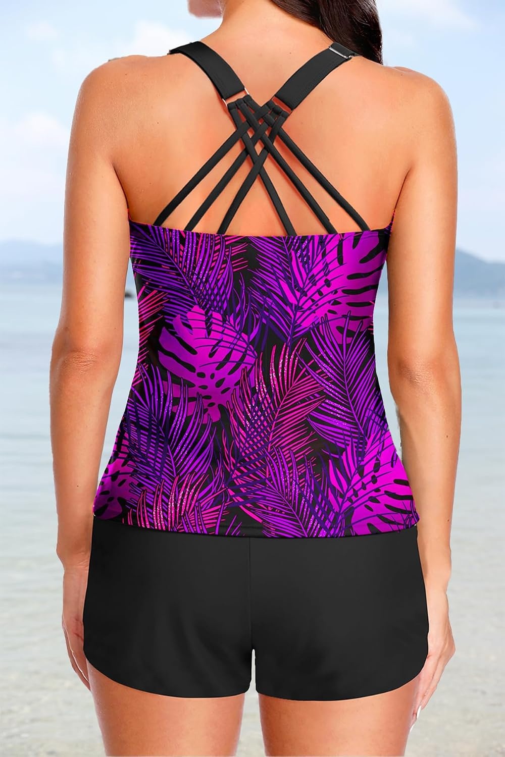 Talisea Women 2 Piece Tankini Swimsuit with Pockets Boy Shorts Modest Bathing Suit Tummy Control Tank Top(Purple Leaves)