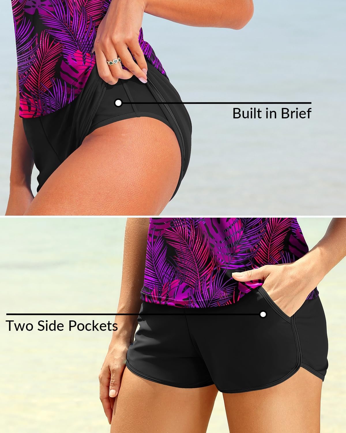 Talisea Women 2 Piece Tankini Swimsuit with Pockets Boy Shorts Modest Bathing Suit Tummy Control Tank Top(Purple Leaves)