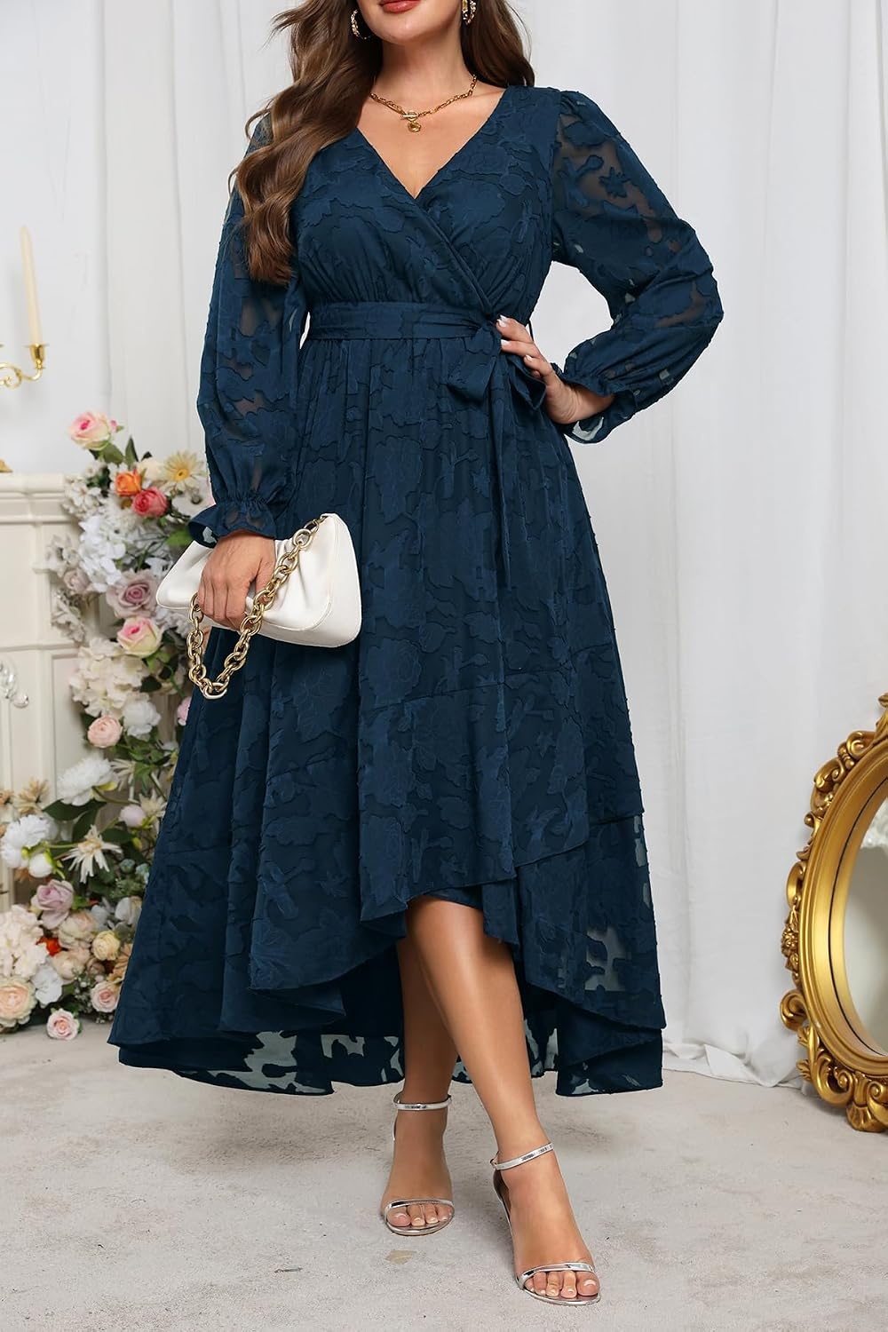 Plus Size Dresses Wedding Guest Fall Floral Long Sleeve Maxi Dress Women(Navy Blue)