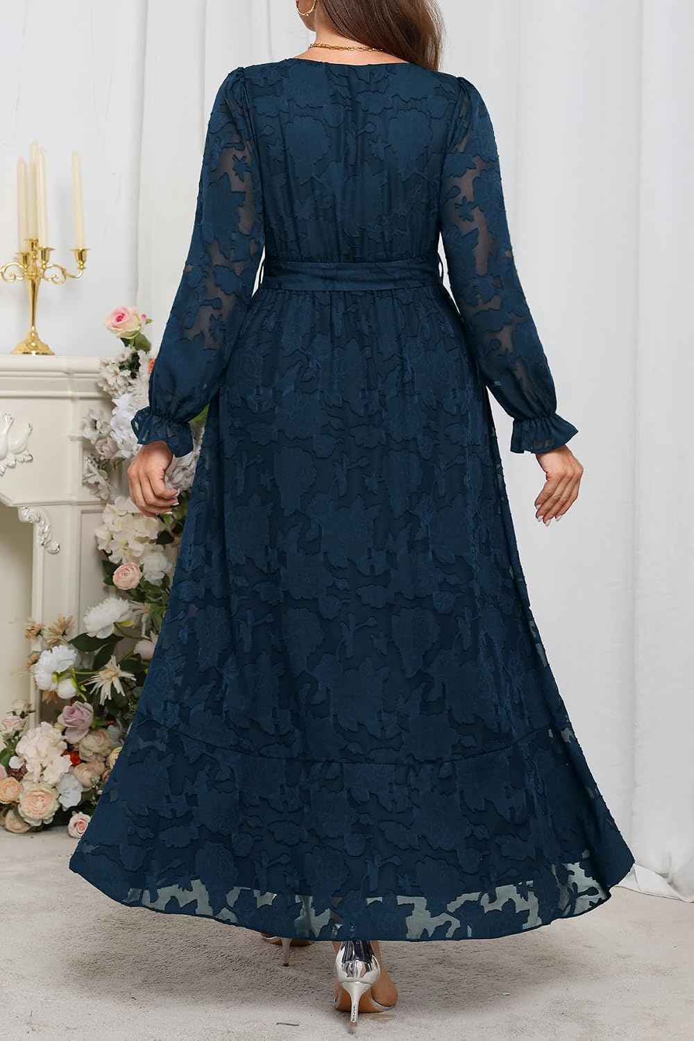Plus Size Dresses Wedding Guest Fall Floral Long Sleeve Maxi Dress Women(Navy Blue)