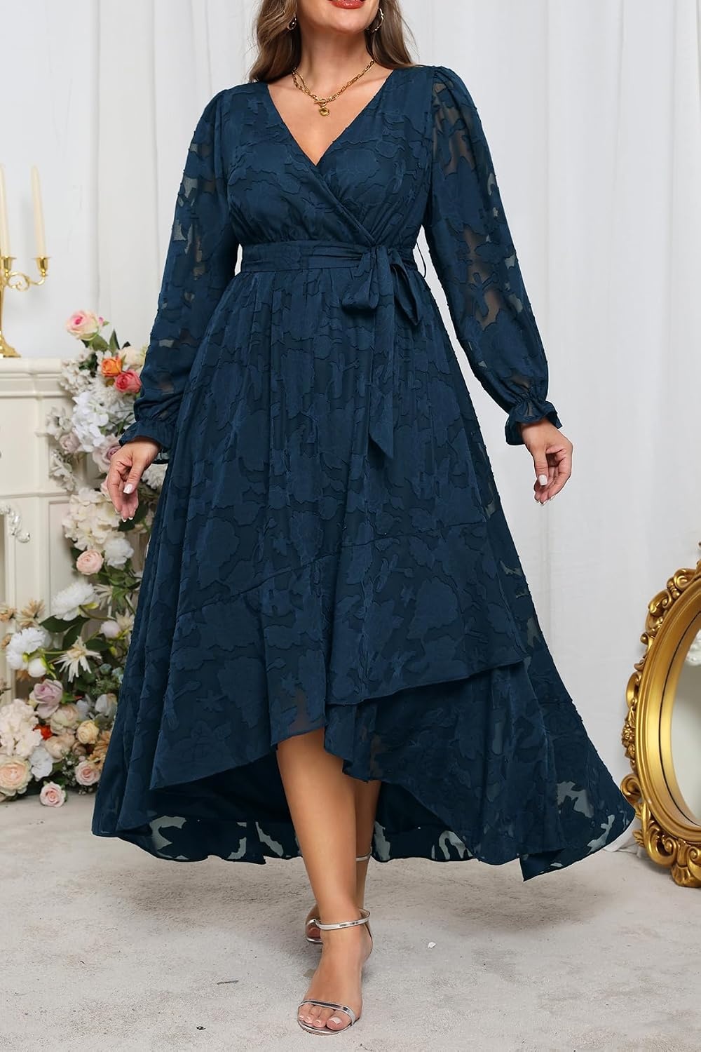 Plus Size Dresses Wedding Guest Fall Floral Long Sleeve Maxi Dress Women(Navy Blue)