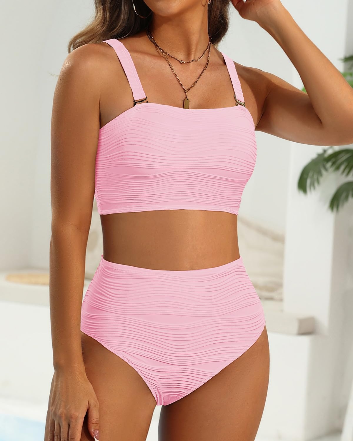 High Waisted Bandeau Bikini Set – Ribbed Strapless Two Piece Swimsuit | Secure bandeau top with straps. High waist bottom for comfortable coverage. Full coverage back for confident wear.(Light Pink)