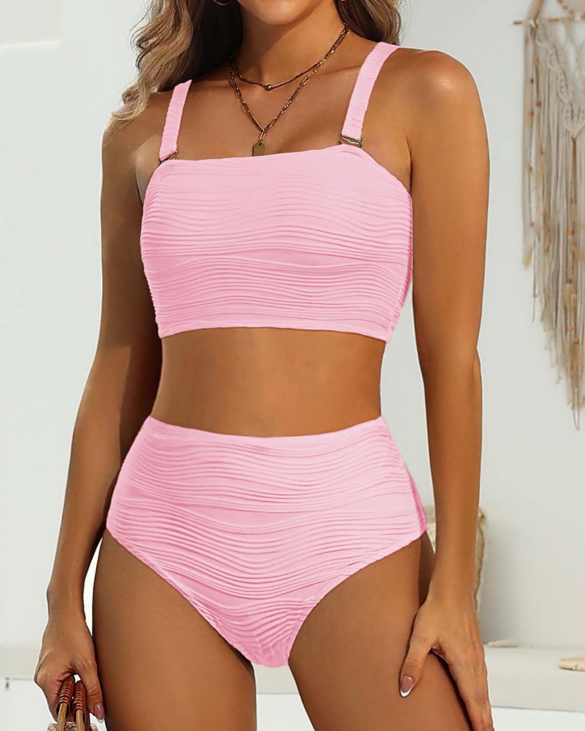 High Waisted Bandeau Bikini Set – Ribbed Strapless Two Piece Swimsuit | Secure bandeau top with straps. High waist bottom for comfortable coverage. Full coverage back for confident wear.(Light Pink)