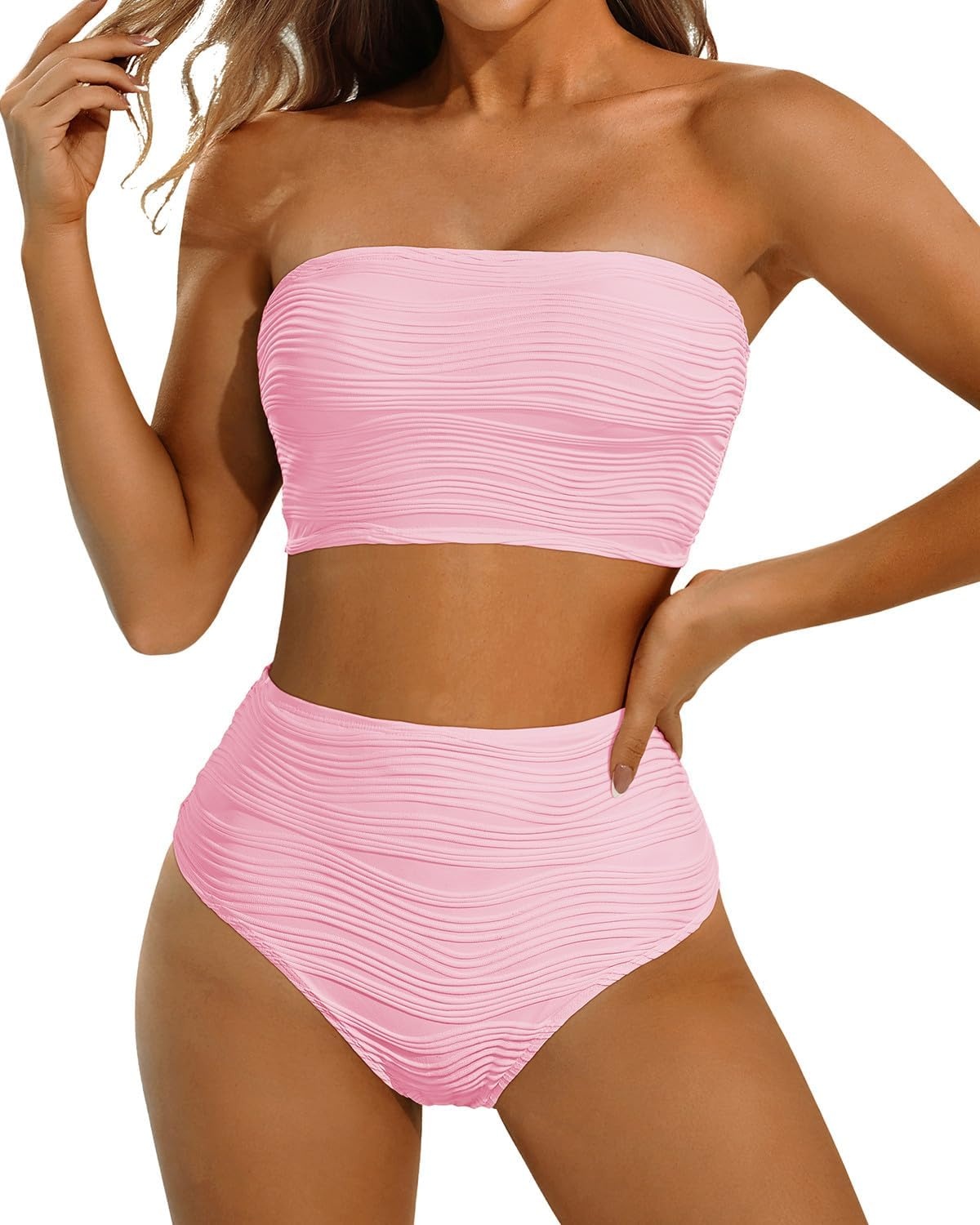 High Waisted Bandeau Bikini Set – Ribbed Strapless Two Piece Swimsuit | Secure bandeau top with straps. High waist bottom for comfortable coverage. Full coverage back for confident wear.(Light Pink)