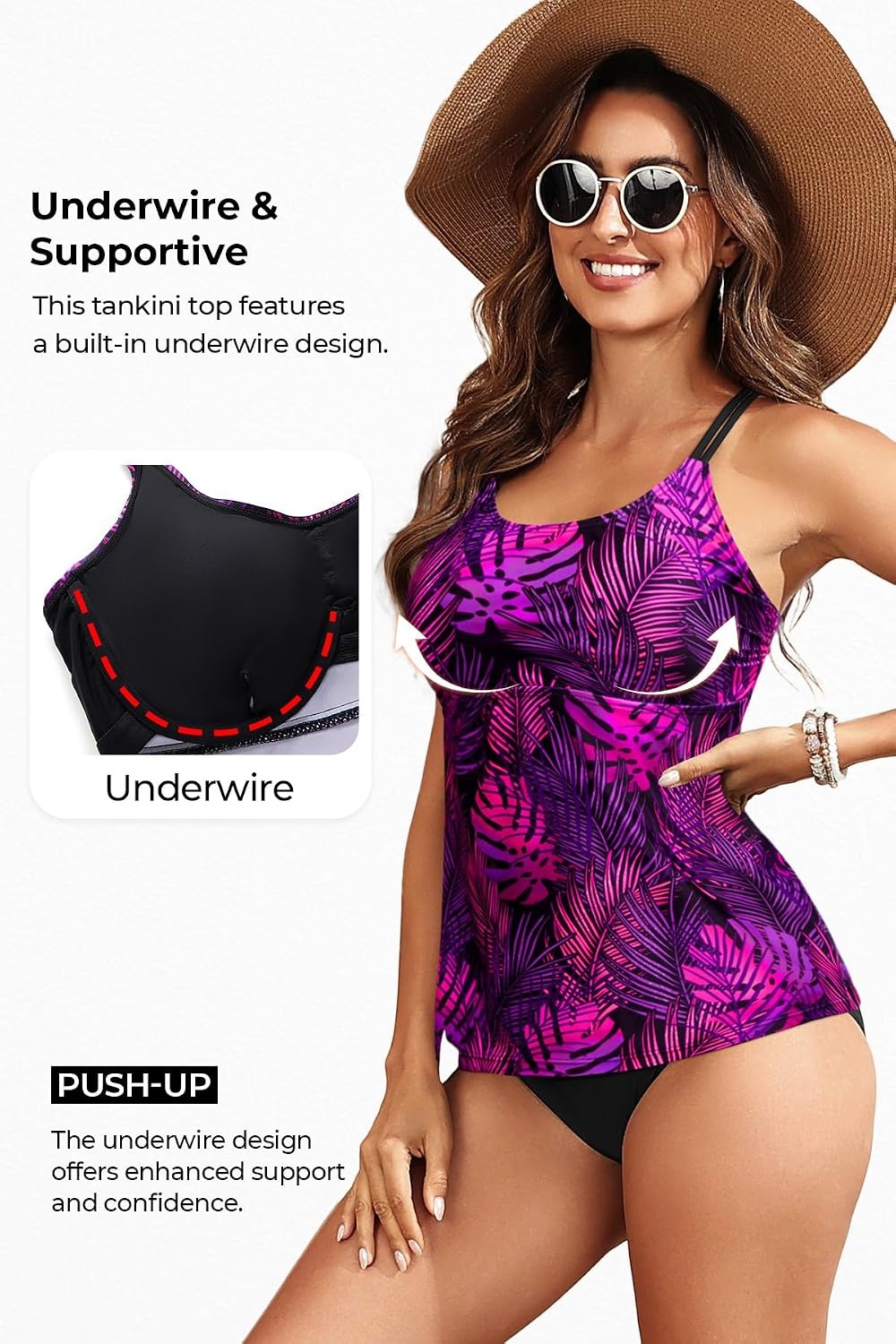 Women Underwire Tankini Top Only – Supportive Flowy Swimsuit Top(Purple Leaf)