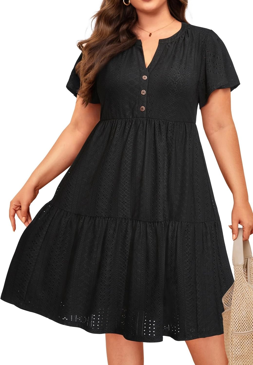 Plus Size Summer Dress – Casual Sundress Beach Short Sleeve V Neck Tiered Button Up Boho Midi Flowy Sun Dresses Women(Black Eyelet)