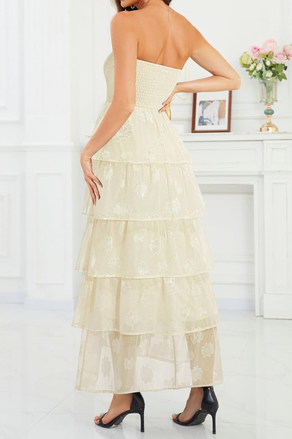 Talisea Women’s Strapless Maxi Dress – Smocked Textured Jacquard Tiered Beach Wedding Guest Summer Boho Dress with Lining(Beige)
