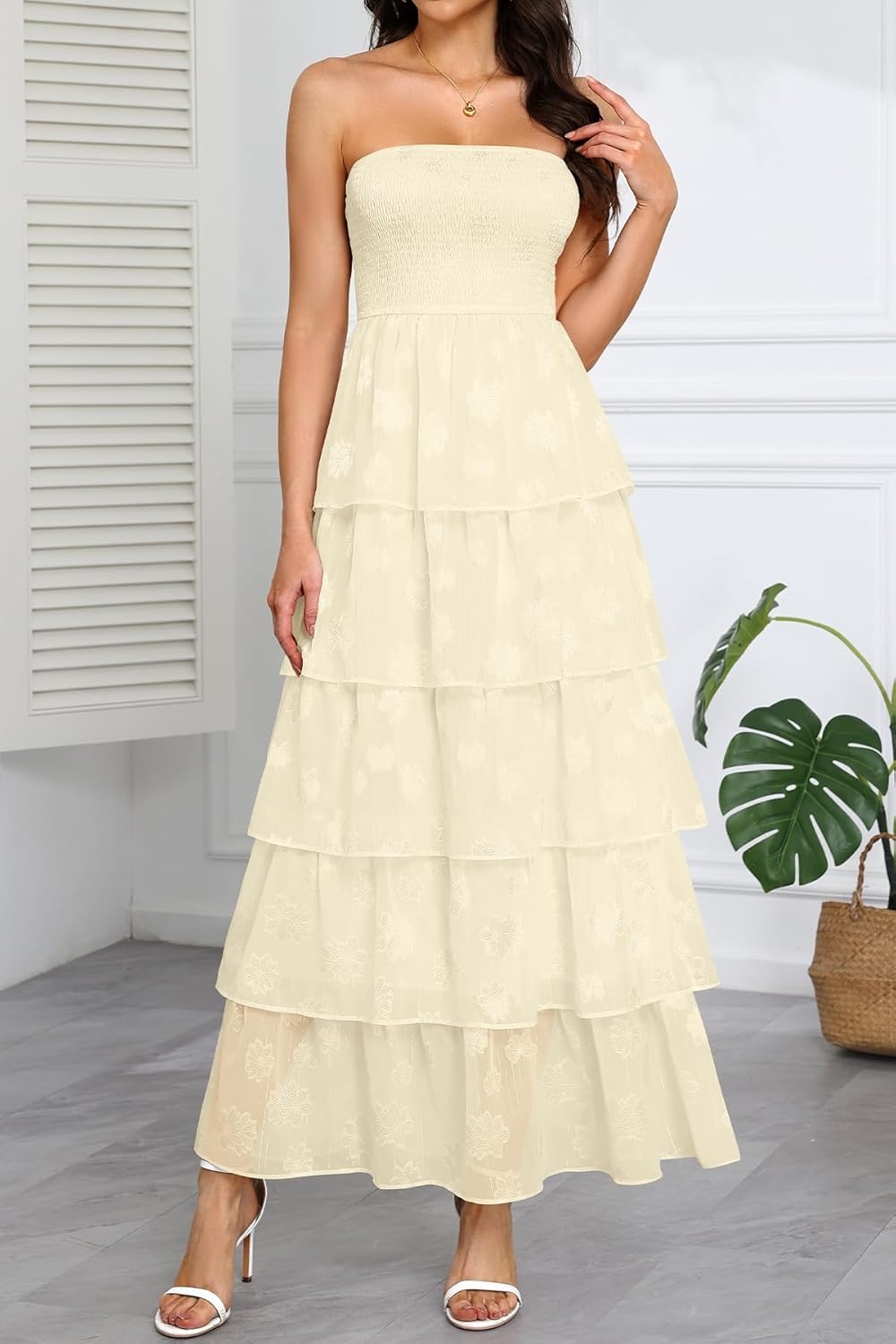Talisea Women’s Strapless Maxi Dress – Smocked Textured Jacquard Tiered Beach Wedding Guest Summer Boho Dress with Lining(Beige)